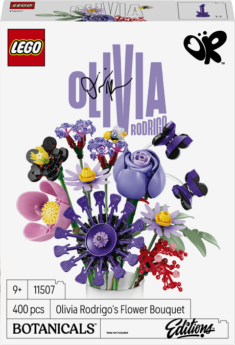 LEGO Botanicals Olivia Rodrigo 'Flower Bouquet' edition box front, showing a assembled purple, pink, yellow, and red flower bouquet with large 'OLIVIA RODRIGO' text and LEGO branding.