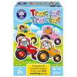 Box of Orchard Toys Tractor Tractor matching game with colorful tractors on a blue background