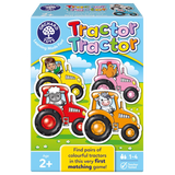 Box of Orchard Toys Tractor Tractor matching game with colorful tractors on a blue background