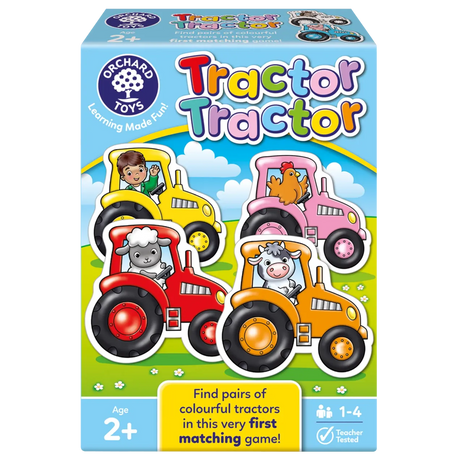 Box of Orchard Toys Tractor Tractor matching game with colorful tractors on a blue background