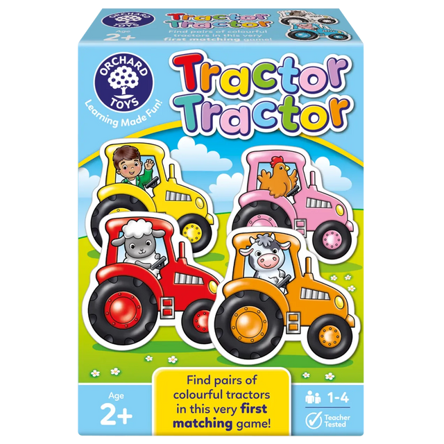Box of Orchard Toys Tractor Tractor matching game with colorful tractors on a blue background