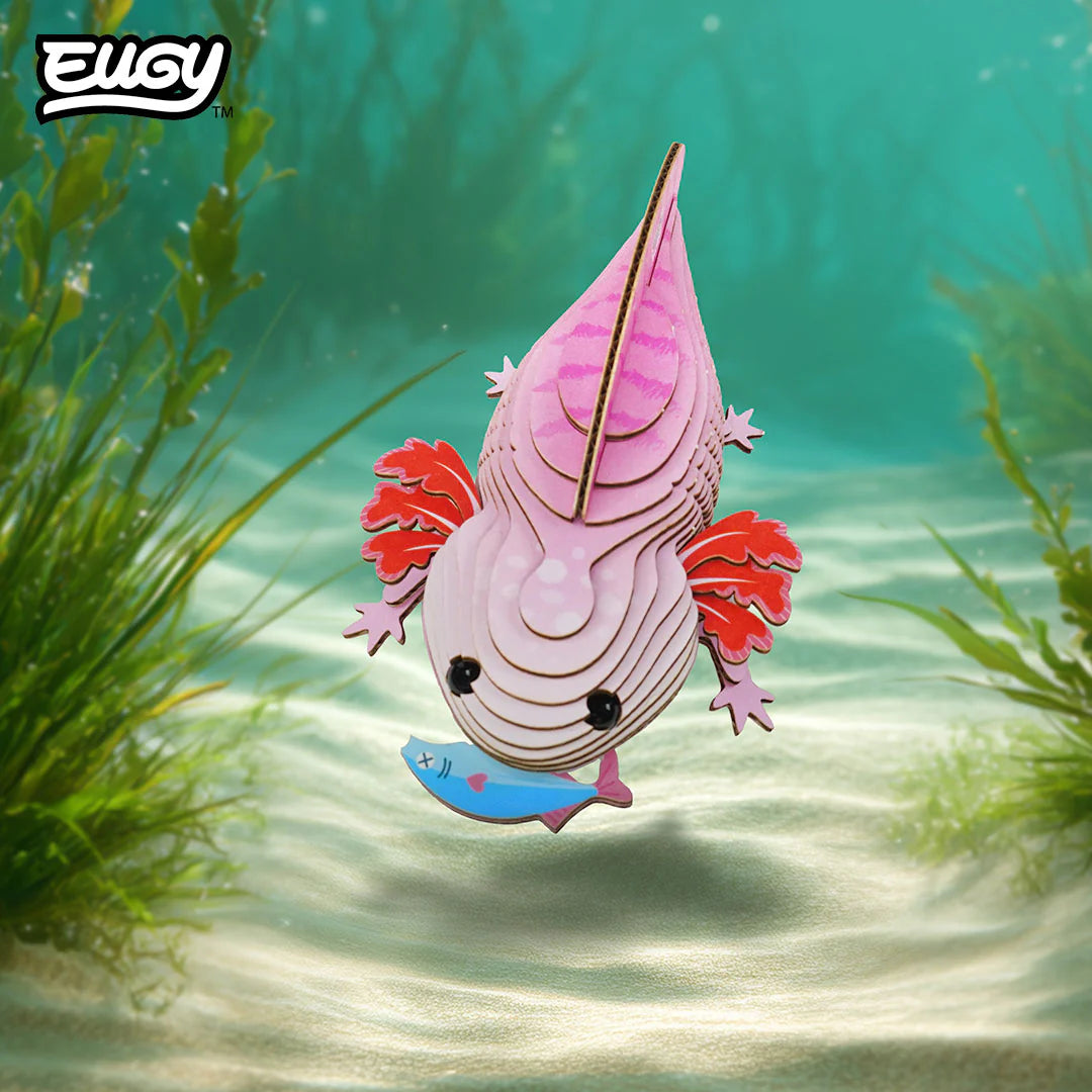 Colorful axolotl figurine in an underwater setting with green plants.
