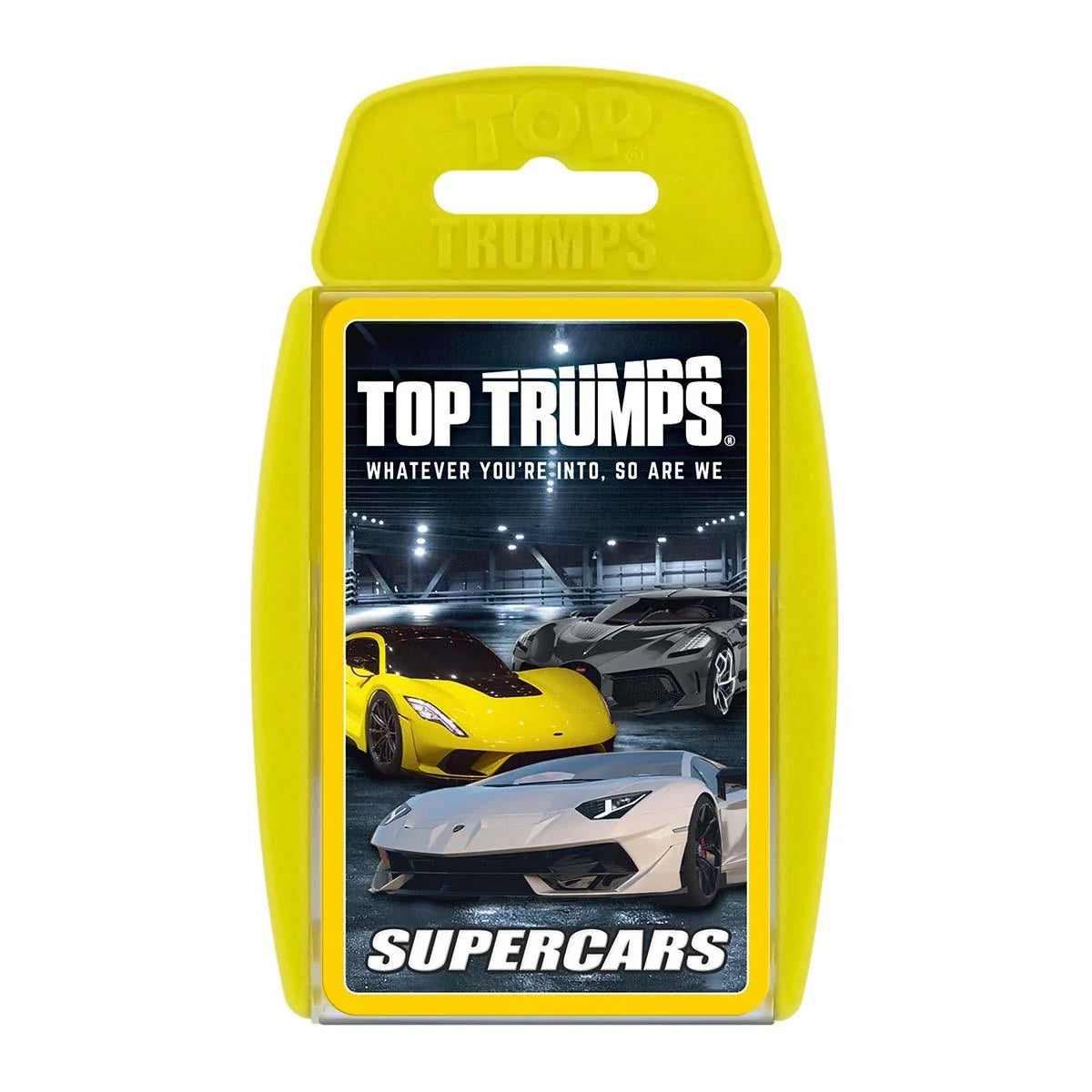 Top Trumps Supercars card game in its original yellow packaging, featuring images of three sports cars on the front label.