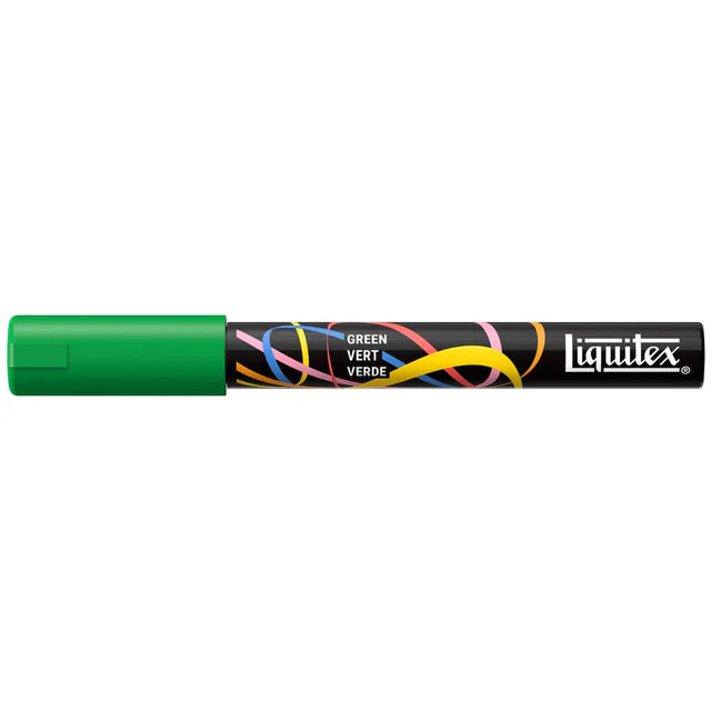 Green paint marker with colorful design on a white background