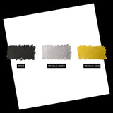 Color swatches of black, metallic silver, and metallic gold on a white background