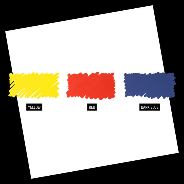Three color swatches labeled Yellow, Red, and Dark Blue on a white background.