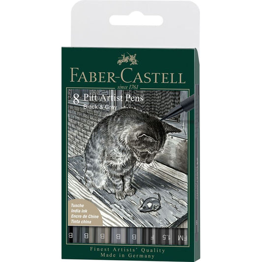 Faber Castell Pen Brush India Ink Pen Black & Grey Wallet of 8