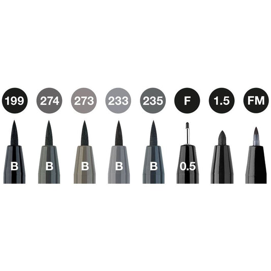 Faber Castell Pen Brush India Ink Pen Black & Grey Wallet of 8