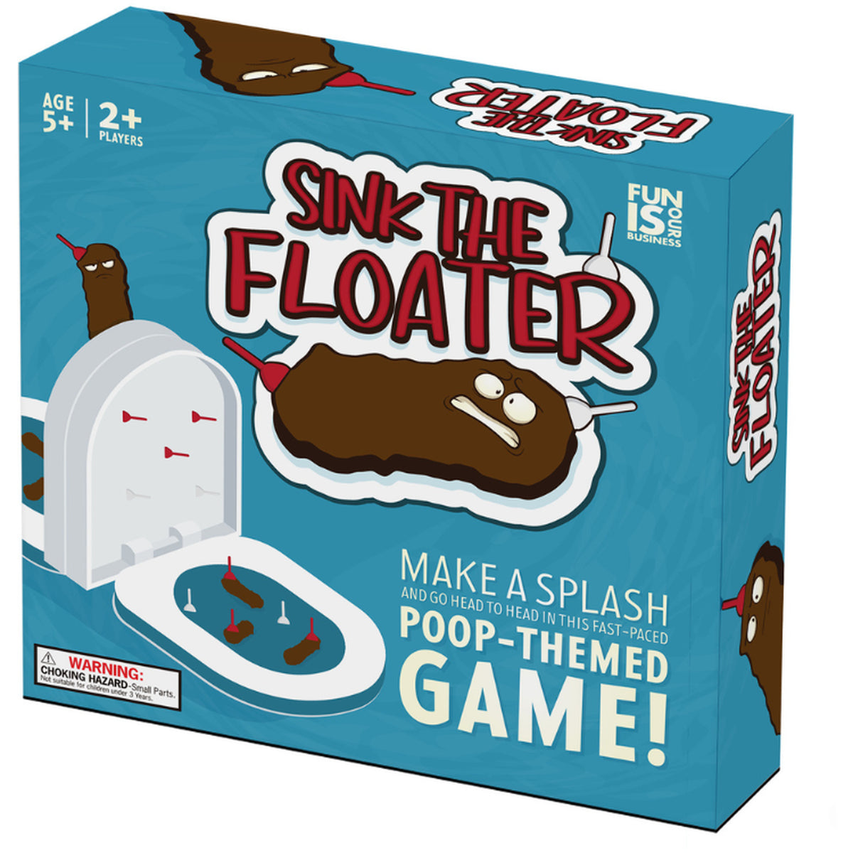 The box for the 'Sink the Floater' game, featuring a bright blue background with cartoon illustrations of a floating poop character, a toilet, and bold red and white title text.