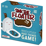 The box for the 'Sink the Floater' game, featuring a bright blue background with cartoon illustrations of a floating poop character, a toilet, and bold red and white title text.