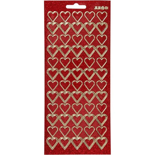 Stickers Gold & Red Glitter Hearts - 1 Sheet