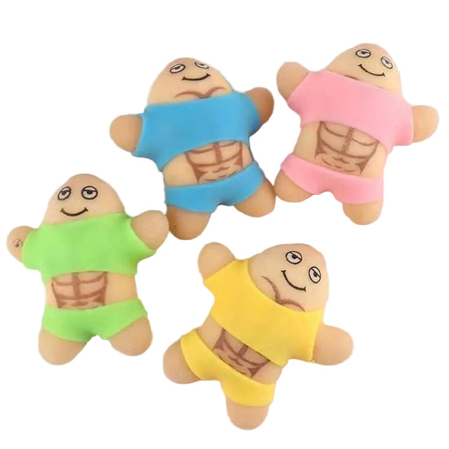 Four small plush toy figures with cartoon faces and muscular abdomens, each wearing different bright shirts and shorts: green, blue, pink, and yellow, arranged on a plain white background.