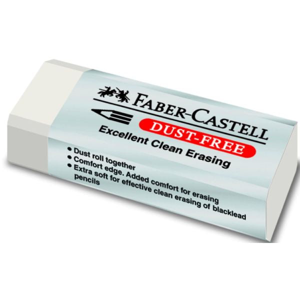 A Faber-Castell Dust-Free eraser shown at an angle on a plain white background. The eraser has a white rectangular body with a light blue paper band wrapped around it, featuring the black and red Faber-Castell branding.