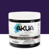 A jar of Speedball AKUA Intaglio paint in the shade carbazole violet (PV23), featuring a white cap and a white label with blue and green graphic accents, set against a split purple and white background.