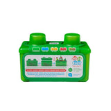 Green toy block packaging with colorful labels on a white background