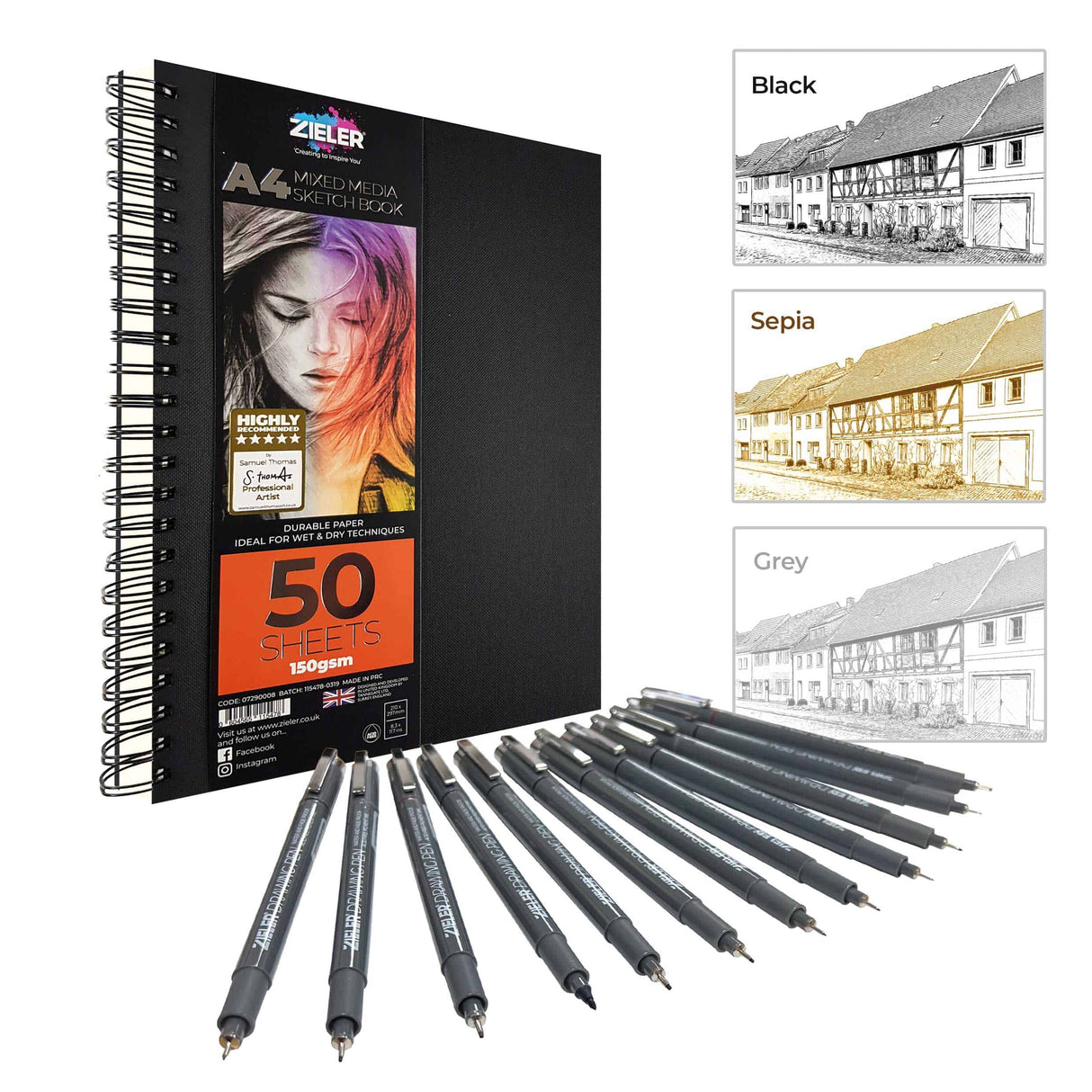 Zieler Fineliner Drawing Pens Starter Set - 12 Pens and A4 Sketchbook