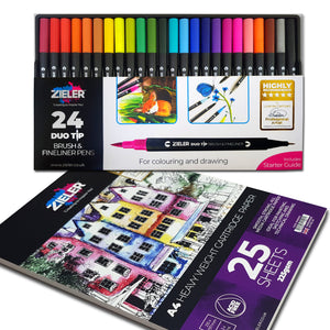 Zieler 24 Duo Tip Colour Pens Fineliner and Brush Pen, A4 Zieler Heavy Weight Cartridge Pad Bundle Set