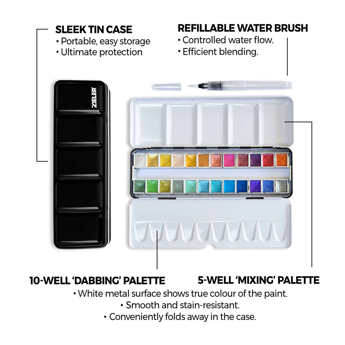 Zieler Metallic Half Pan Watercolour Paint Metal Tin (Set of 24)