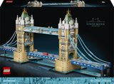 LEGO Architecture Tower Bridge building set box art showing the assembled model bridge with tan towers, blue suspension cables and roadway, a small red bus, and the LEGO logo on a dark background.