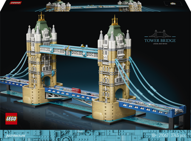 LEGO Architecture Tower Bridge building set box art showing the assembled model bridge with tan towers, blue suspension cables and roadway, a small red bus, and the LEGO logo on a dark background.