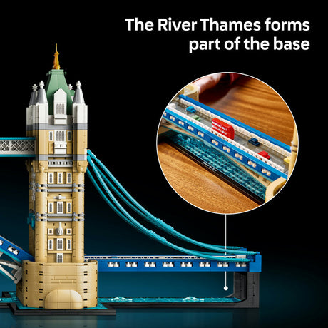 A toy model of Tower Bridge built from interlocking blocks, shown on a black background with white text reading 'The River Thames forms part of the base' and a circular inset showing a train on the bridge tracks.
