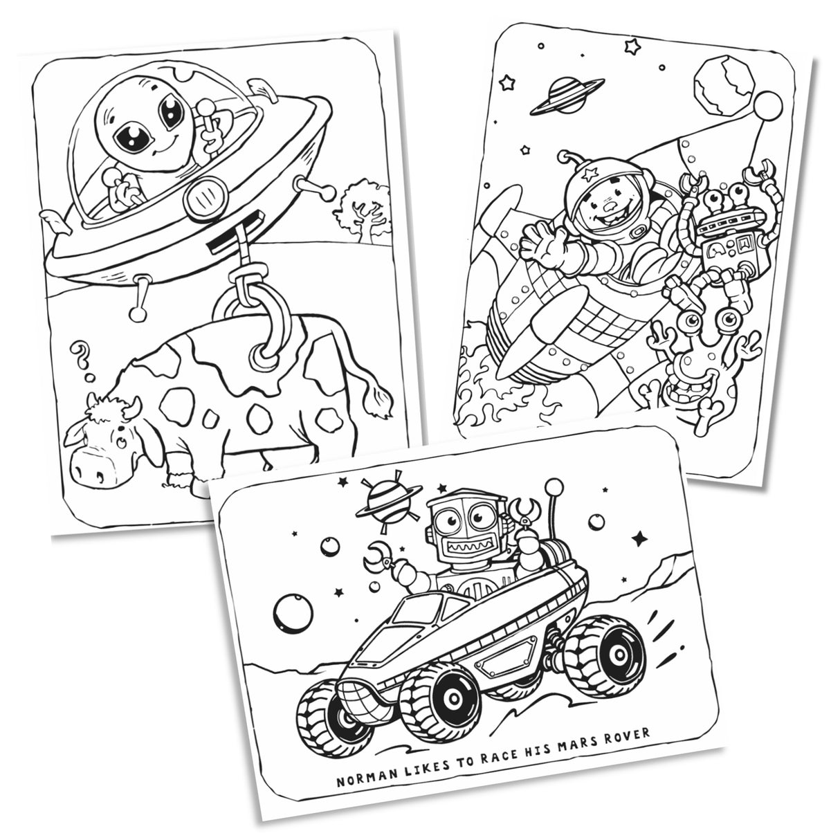 Three coloring pages with space-themed illustrations on a white background.