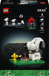 LEGO Snoopy and Woodstock set with packaging displaying features and product details.