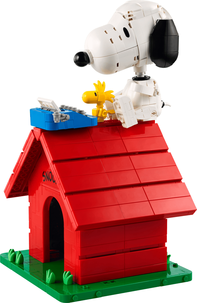 LEGO Snoopy and Woodstock on a red doghouse with a clear background