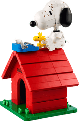 LEGO Snoopy and Woodstock on a red doghouse with a clear background