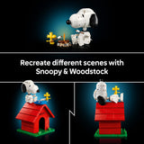 LEGO Snoopy and Woodstock set with text 'Recreate different scenes with Snoopy & Woodstock' on a dark background.