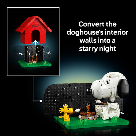 LEGO set with Snoopy and Woodstock by a doghouse, featuring text about interior wall conversion.