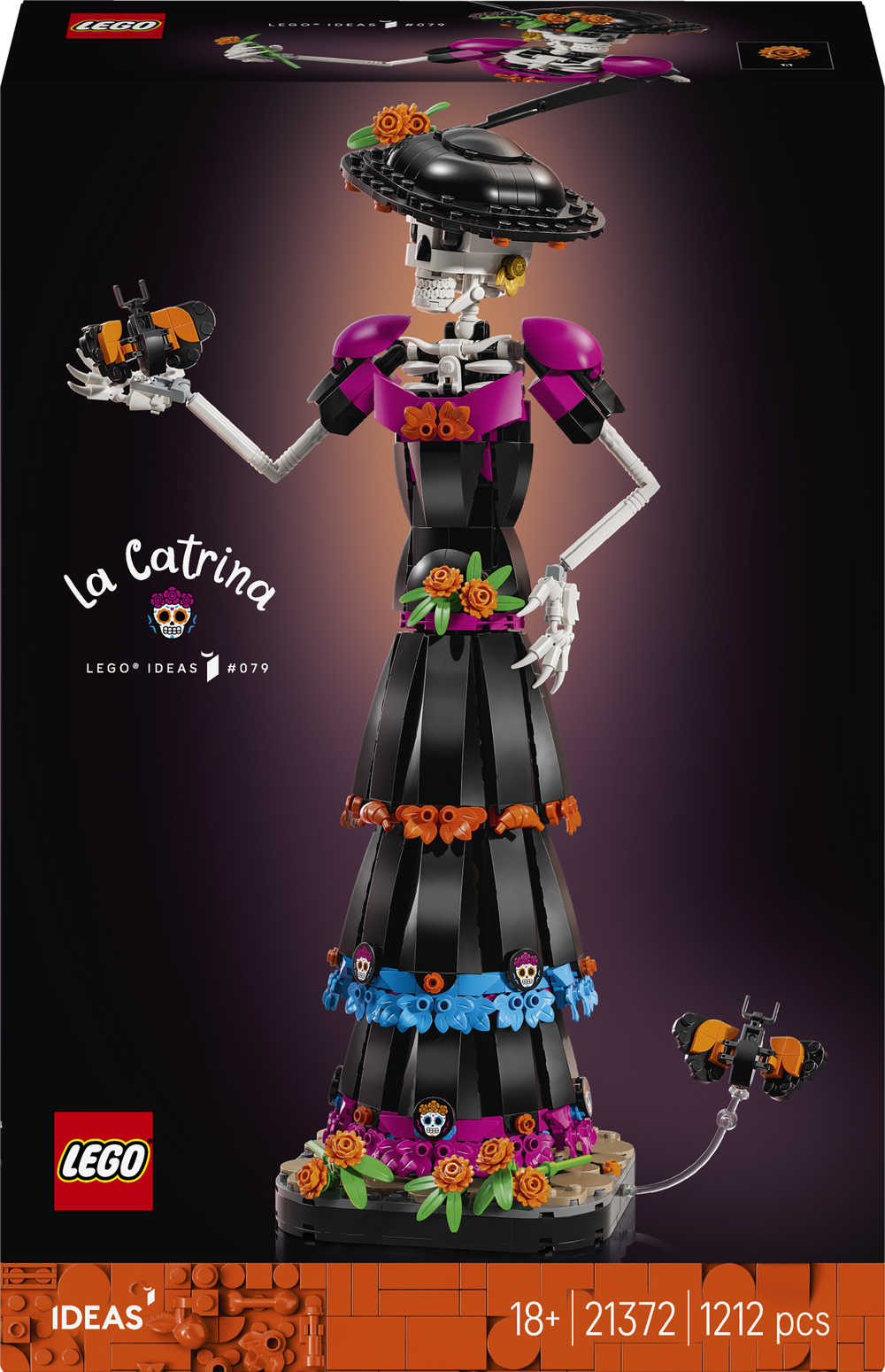 LEGO Ideas La Catrina building set box showing a skeleton woman in a black dress with purple, blue, and orange floral details, plus small floating skull hands and a brick-built catrina figure at the bottom.