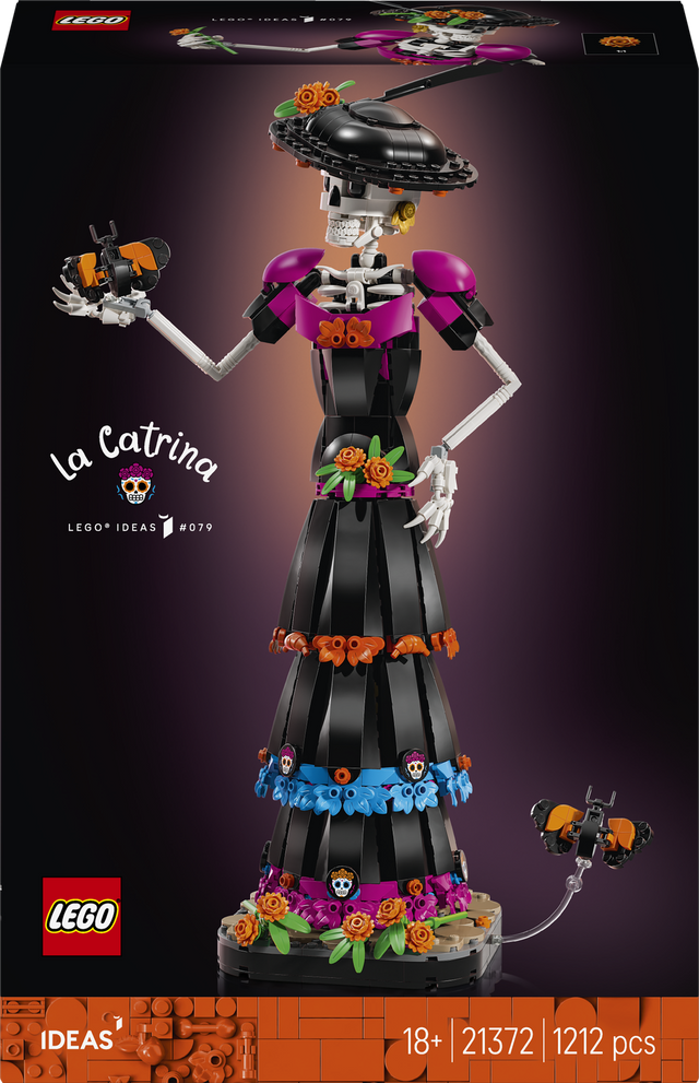 LEGO Ideas La Catrina building set box showing a skeleton woman in a black dress with purple, blue, and orange floral details, plus small floating skull hands and a brick-built catrina figure at the bottom.