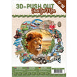 Front cover of a 3D-push out paper craft kit for men, featuring a large lion illustration in the center surrounded by various outdoor and travel-themed circular illustrations, with Dutch and German text and a barcode at the bottom.