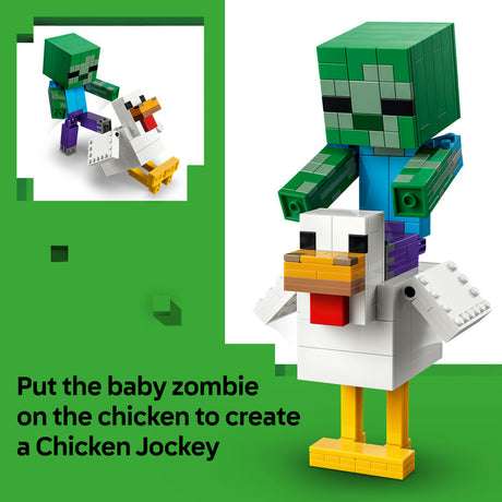 LEGO Minecraft baby zombie on a chicken with green background