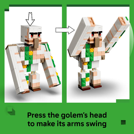 LEGO golem figure with instructions on how to activate its arms.