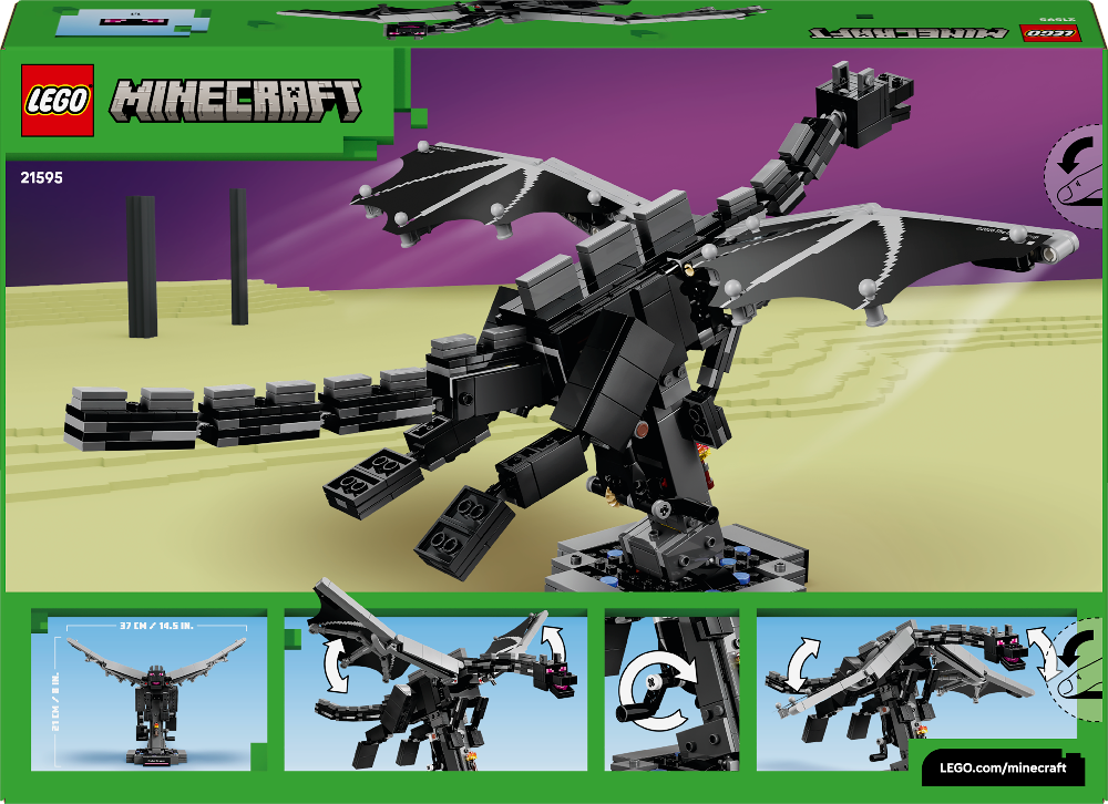 LEGO Minecraft set packaging with a dragon model on a purple and green background