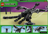 LEGO Minecraft set packaging with a dragon model on a purple and green background