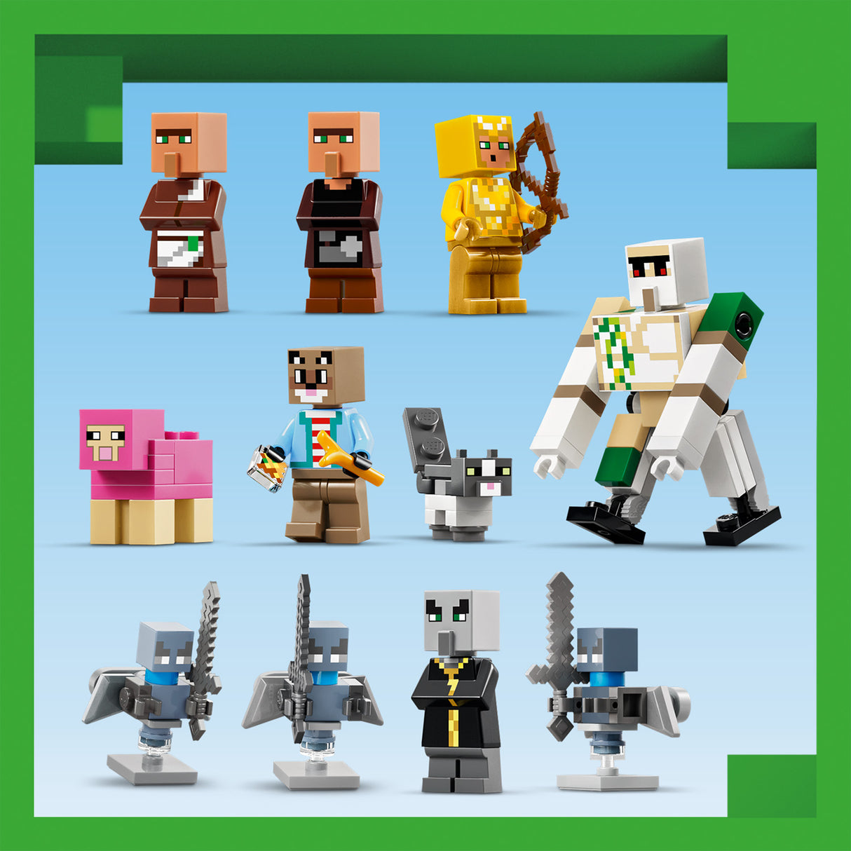 Collection of various LEGO figures on a blue background with a green border