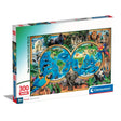 Clementoni 300-piece jigsaw puzzle box titled 'The wonderful animal world'. The box features a colorful, detailed collage of various animals from around the globe, including a parrot, elephant, gorilla, lion, polar bear, and fish, set against a clean white background with a soft shadow.