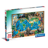 Clementoni 300-piece jigsaw puzzle box titled 'The wonderful animal world'. The box features a colorful, detailed collage of various animals from around the globe, including a parrot, elephant, gorilla, lion, polar bear, and fish, set against a clean white background with a soft shadow.