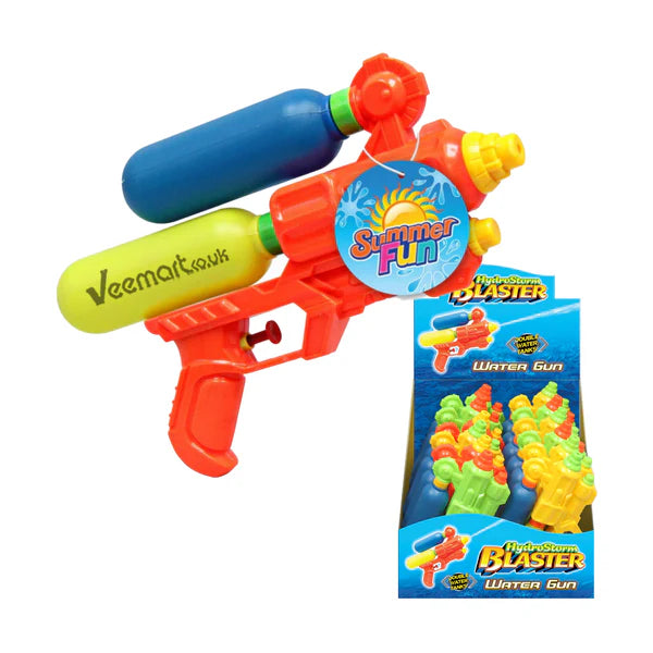 Colorful water gun with packaging on a white background