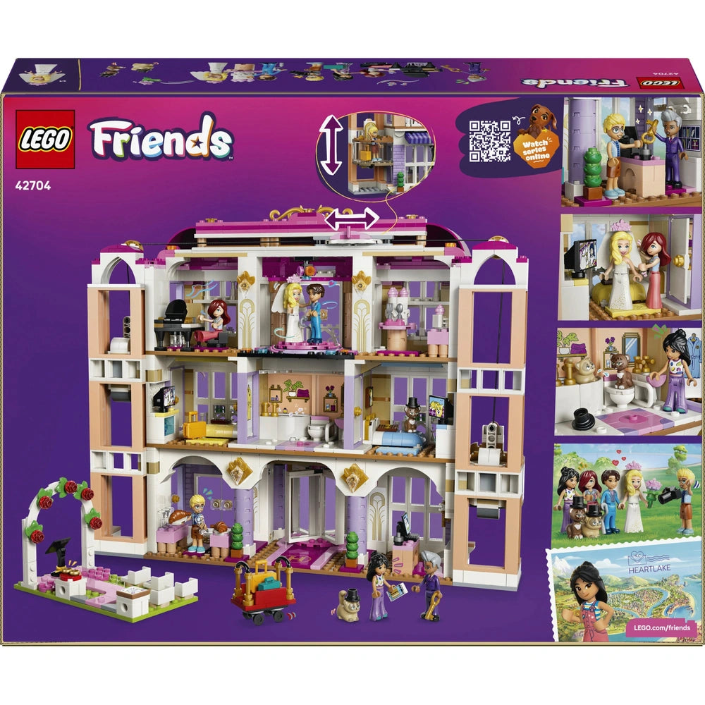 LEGO Friends dollhouse set packaging with multiple rooms and characters displayed.