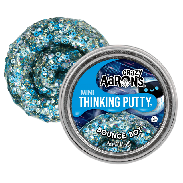 Crazy Aaron's Thinking Putty with blue glittery texture and visible label on a white background