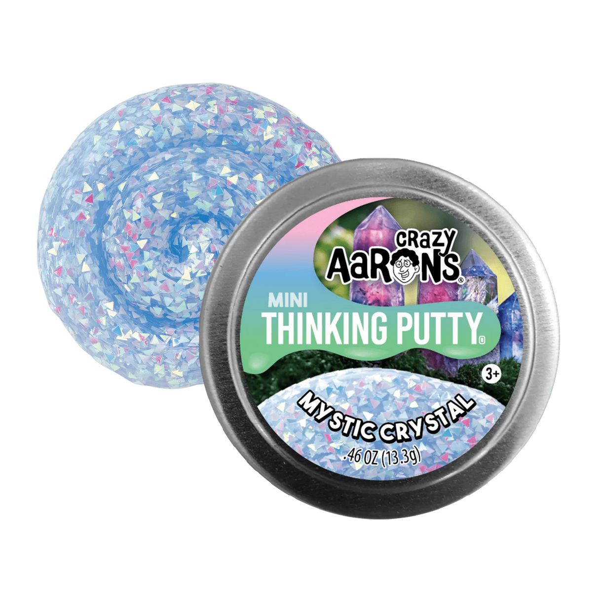 Crazy Aaron's Thinking Putty in a tin with a blue and silver swirl on a white background