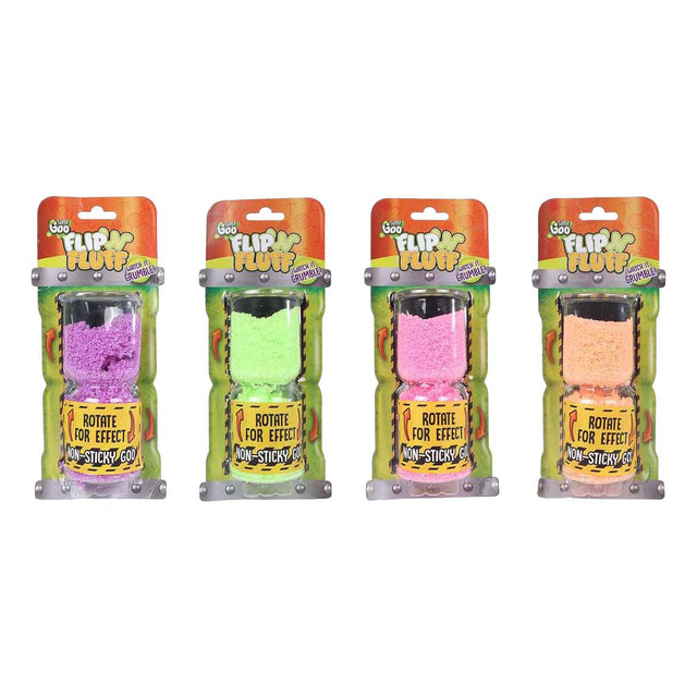 Four packages of Flip Fluff with different colored fluffy substances on a white background