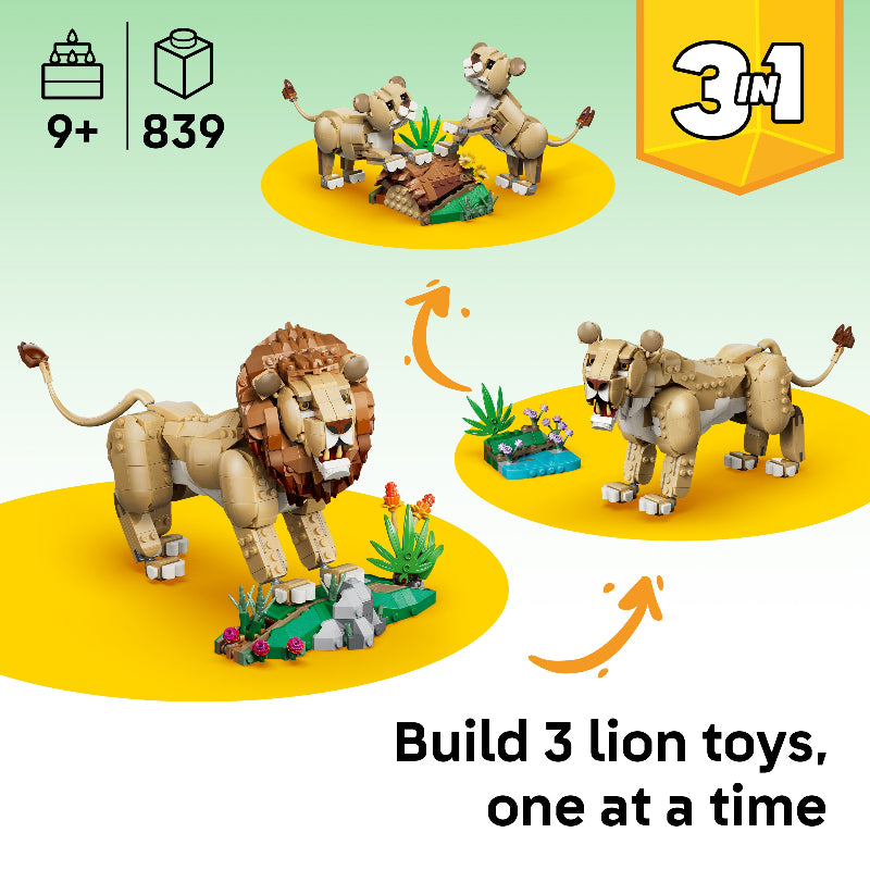 LEGO lion toy set with 3 different lion figures on a yellow and green background.