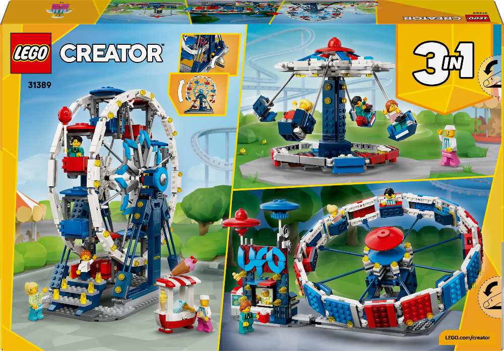 LEGO Creator amusement park set packaging with multiple views and LEGO logo.