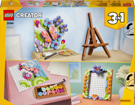 LEGO Creator 3-in-1 set packaging with images of art supplies and a frame.