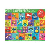 A colorful children's floor puzzle box featuring the alphabet and simple illustrations. The top banner reads 'PETER PAUPER PRESS Floor Puzzle' and a red circle says '24 Pieces.